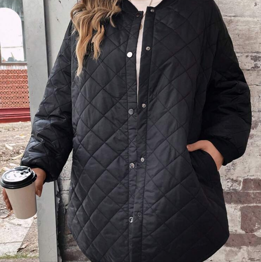Plus Slant Pockets Baseball Collar Curved Hem Quilted Coat